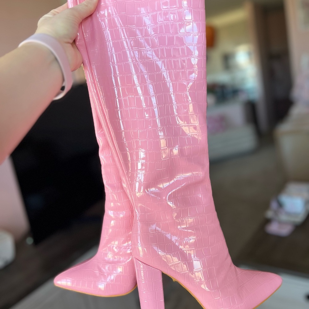 NWOT Pink Croc-Embossed Knee-High Boots